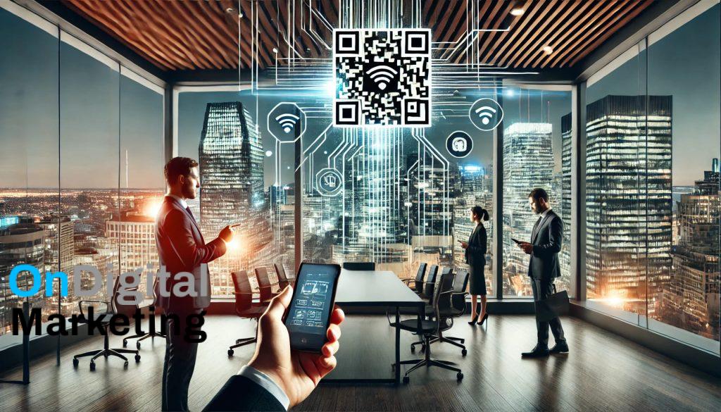 Montreal professionals exchanging digital business cards via smartphone QR codes in a modern office setting.